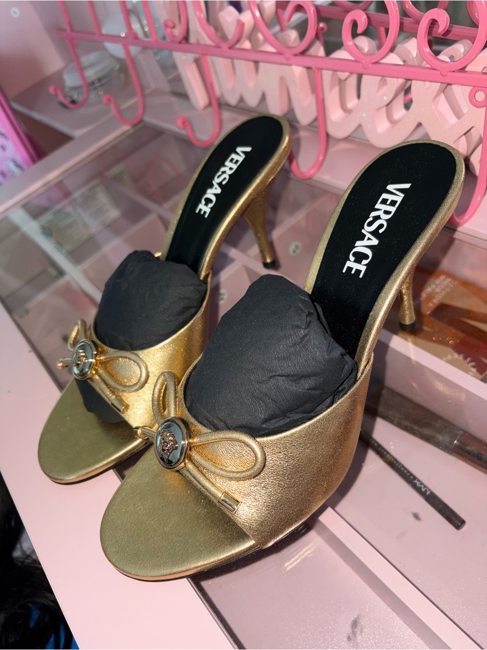 Versace Gold Bow-Accent Women's Heeled Mules - Picture 8 of 8